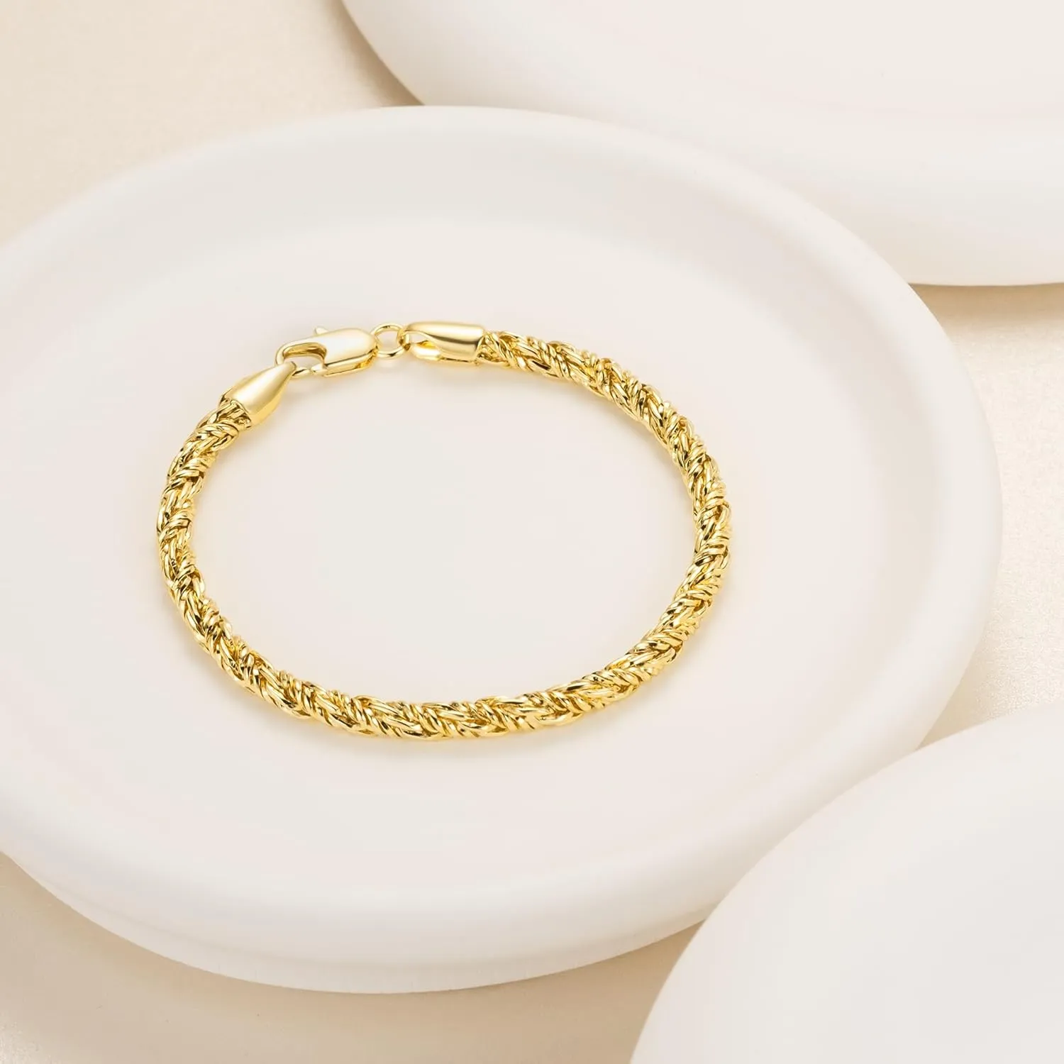 14K Gold Bracelets for Women Men Bracelet Round Strand Rope Gold Chain Bracelet Lobster Clasp Perfect Gifts for Women Men 7, 7.5, 8, 8.5in