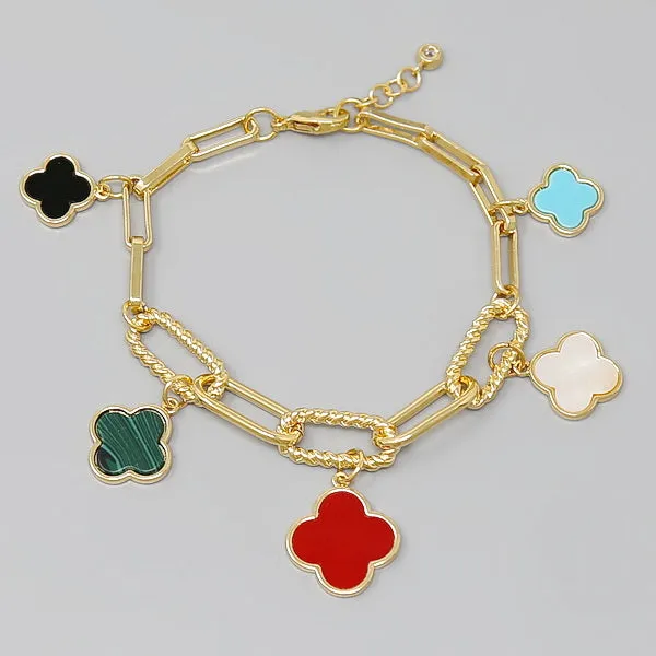 Clover Quatrefoil Charm Station Textured Link Bracelet