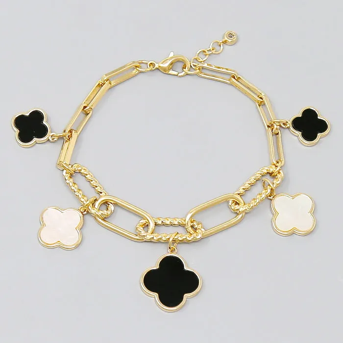 Clover Quatrefoil Charm Station Textured Link Bracelet