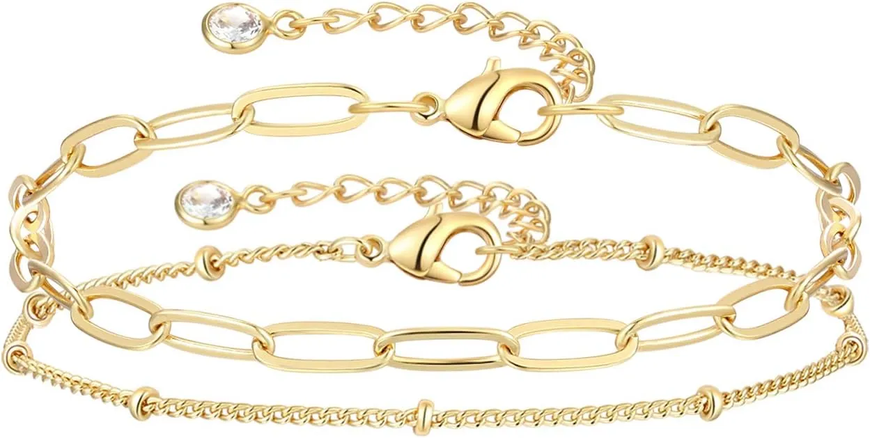 Dainty Layered Gold Chain Bracelet for Women 14K Gold Plated Handmade Adjustable Bracelet Satellite Beads Oval Mariner Figaro Link Chain Bracelets Minimalist Layering Stacking Jewelry Gift for Women