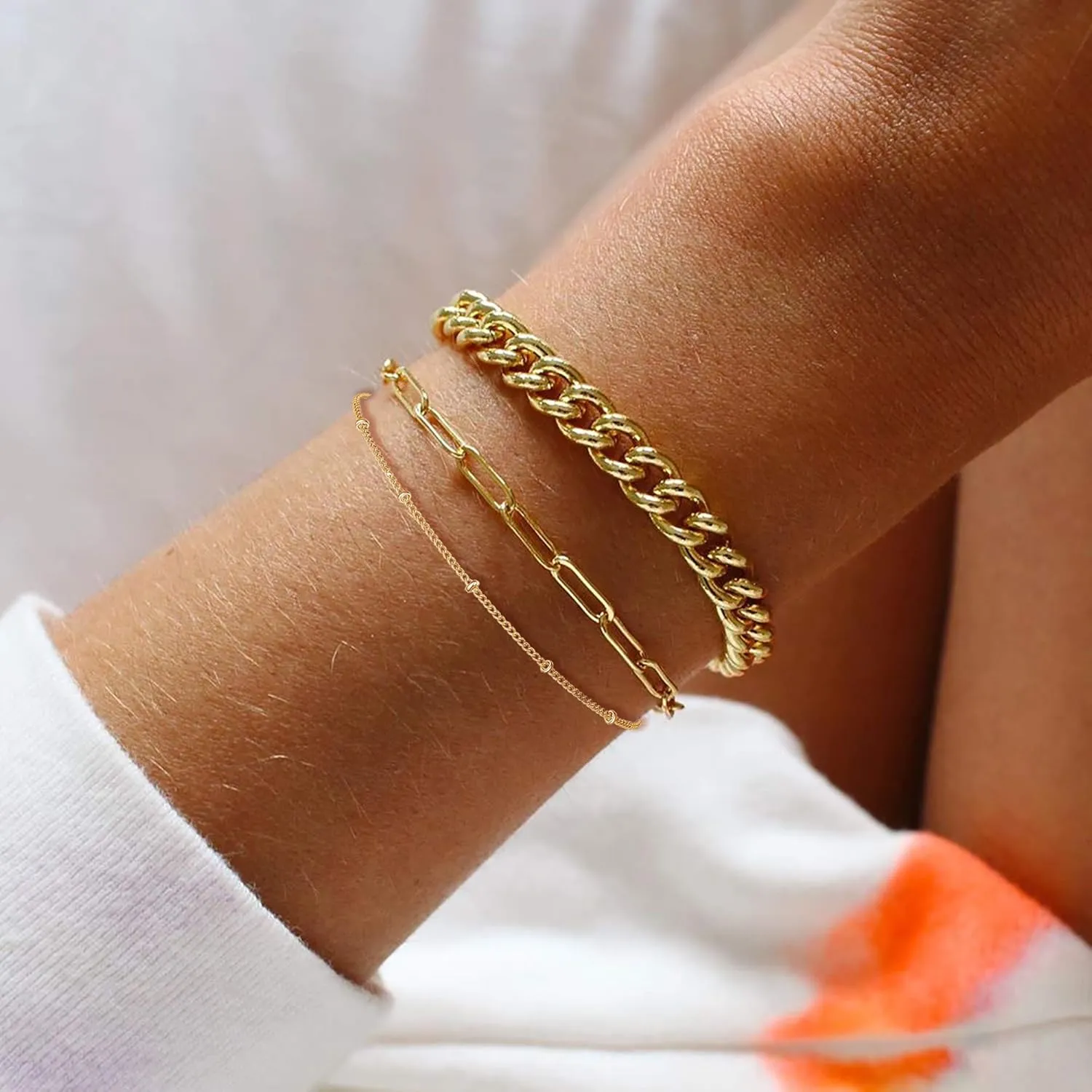 Dainty Layered Gold Chain Bracelet for Women 14K Gold Plated Handmade Adjustable Bracelet Satellite Beads Oval Mariner Figaro Link Chain Bracelets Minimalist Layering Stacking Jewelry Gift for Women