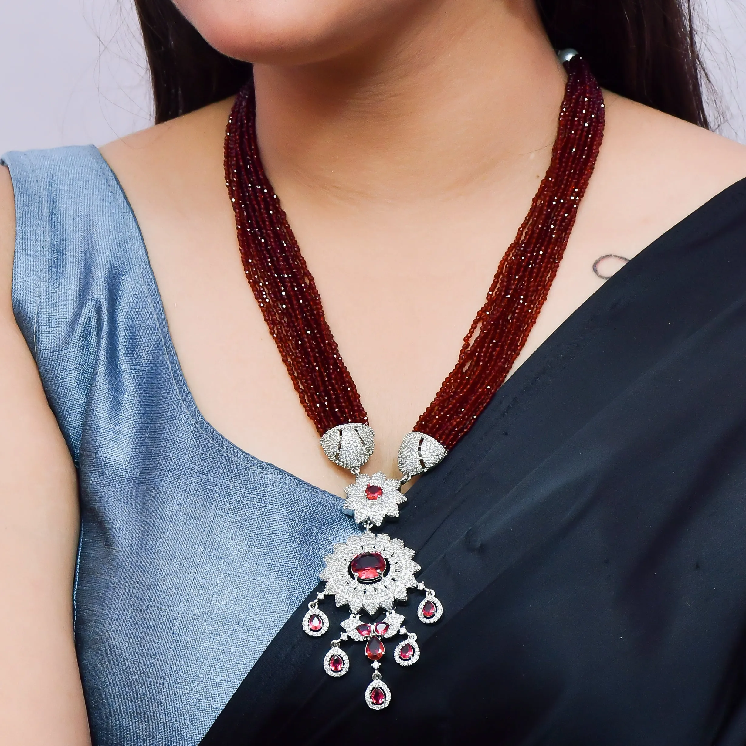 Designer Semi-Precious American Diamond Beads Necklace with Earrings (D622)
