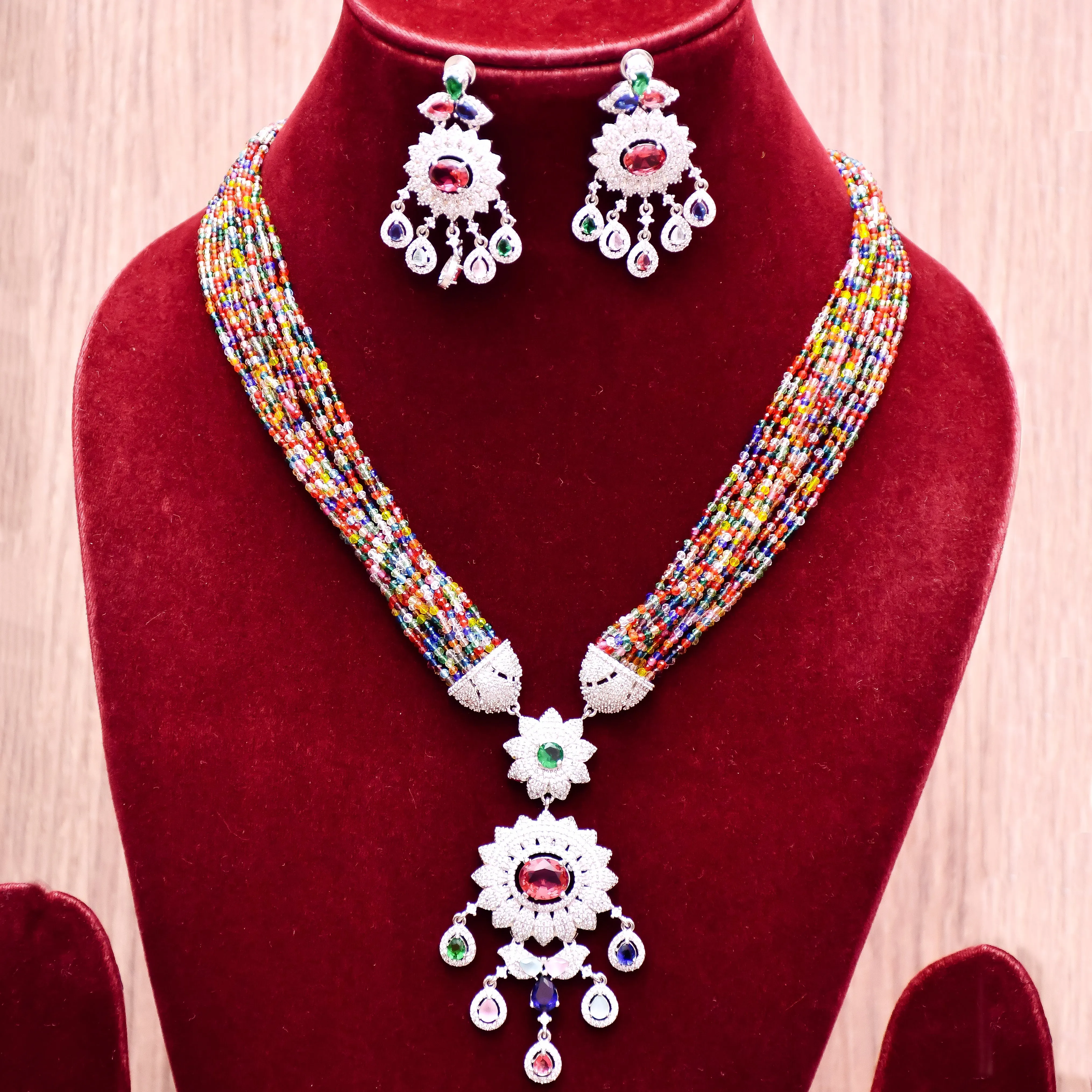 Designer Semi-Precious American Diamond Beads Necklace with Earrings (D622)