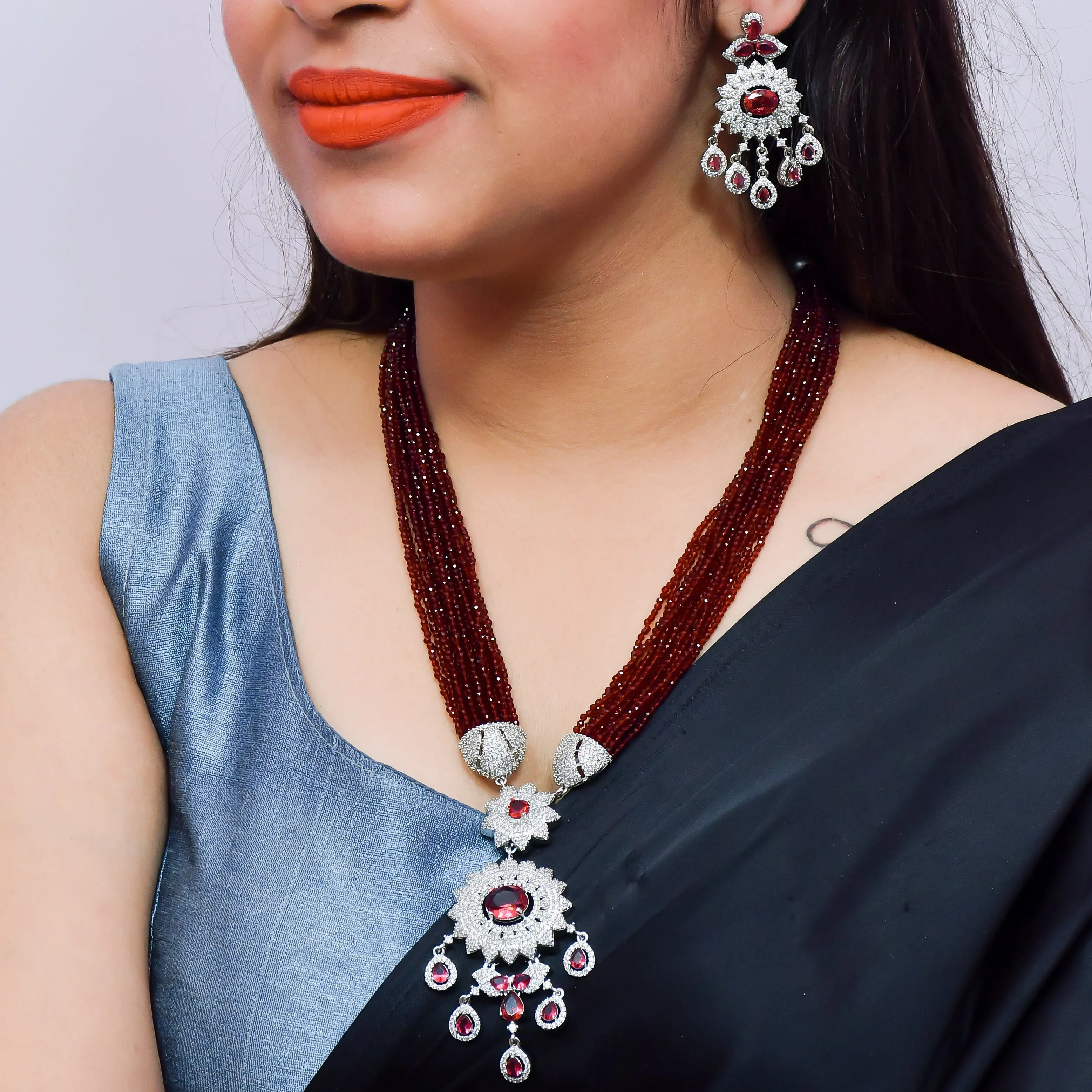 Designer Semi-Precious American Diamond Beads Necklace with Earrings (D622)