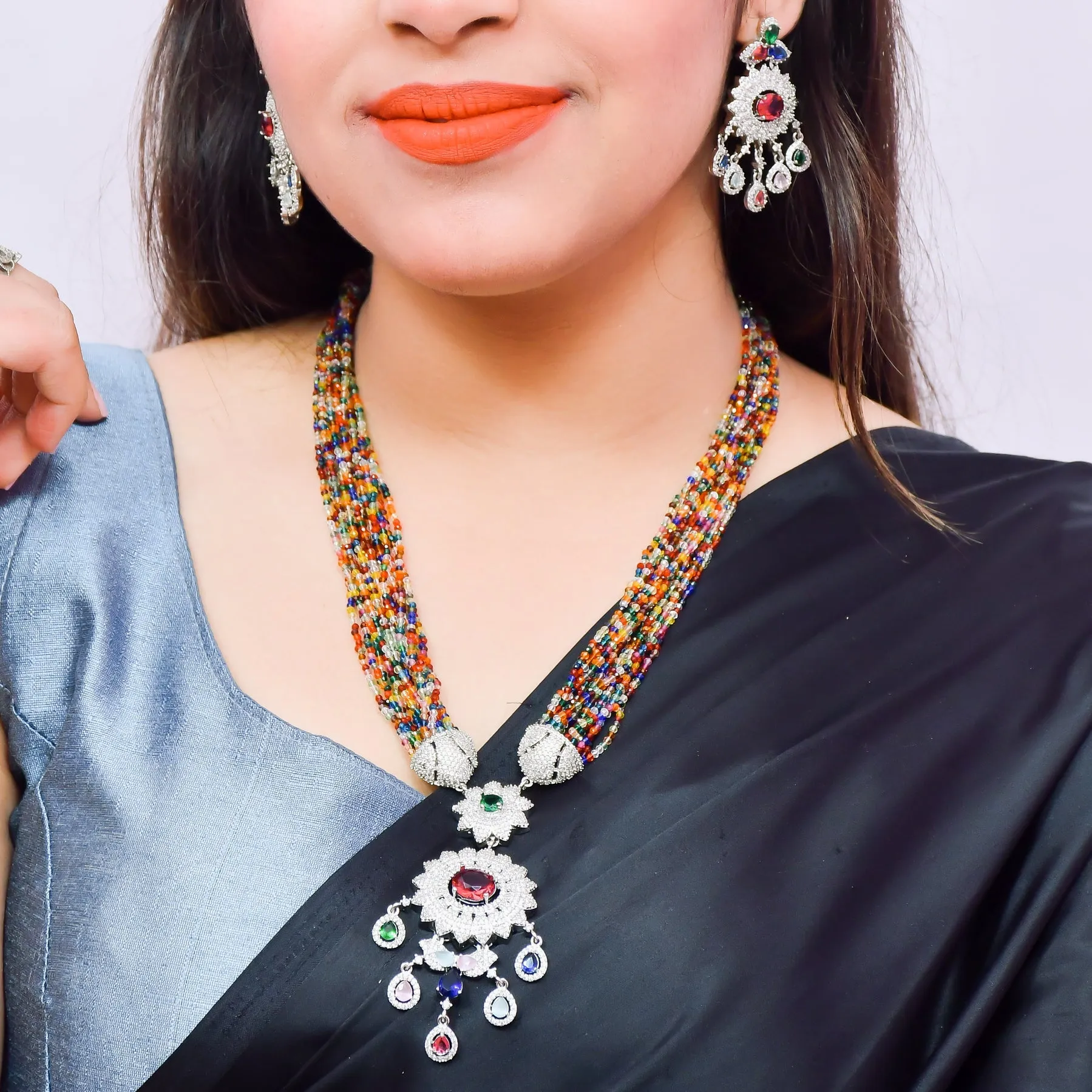 Designer Semi-Precious American Diamond Beads Necklace with Earrings (D622)