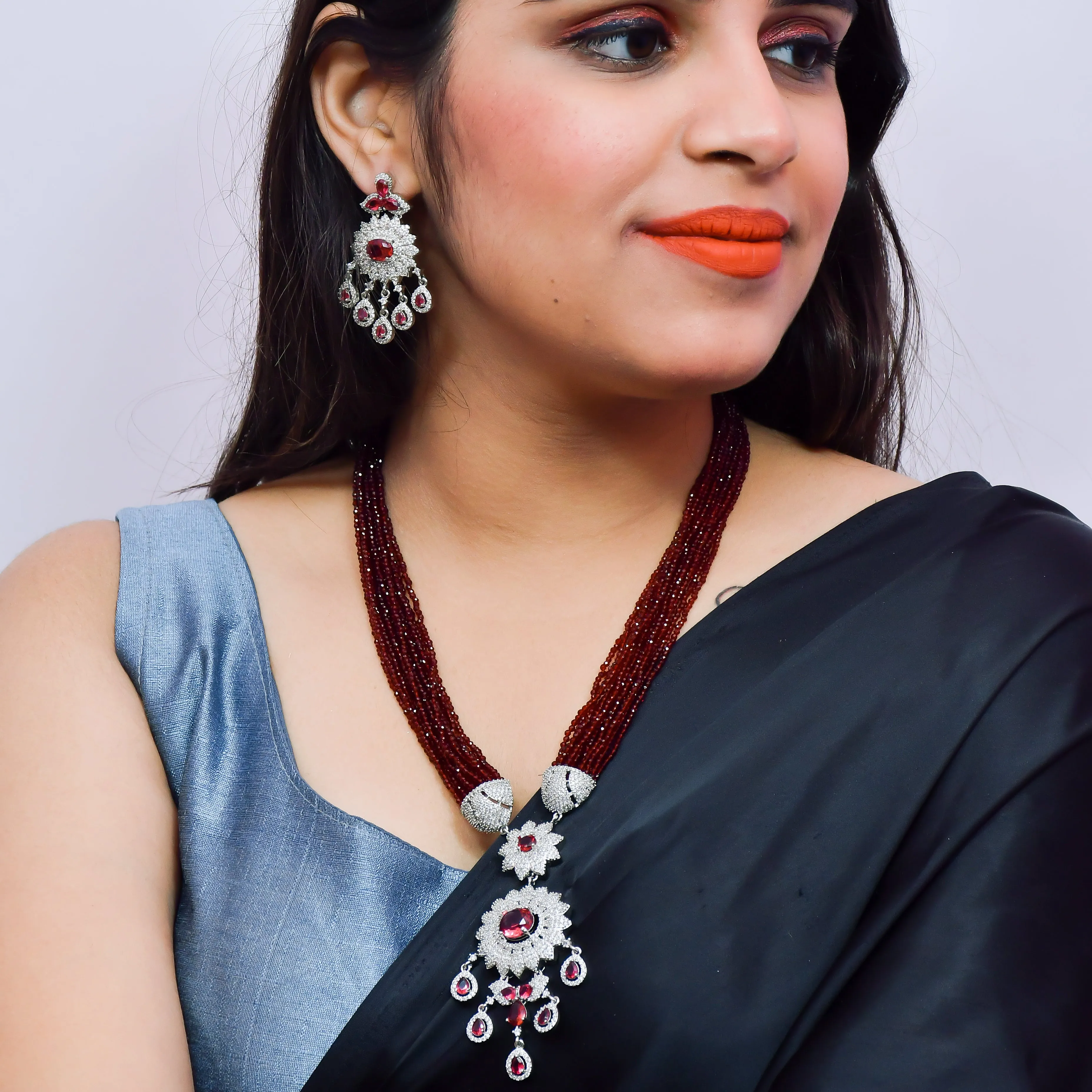 Designer Semi-Precious American Diamond Beads Necklace with Earrings (D622)