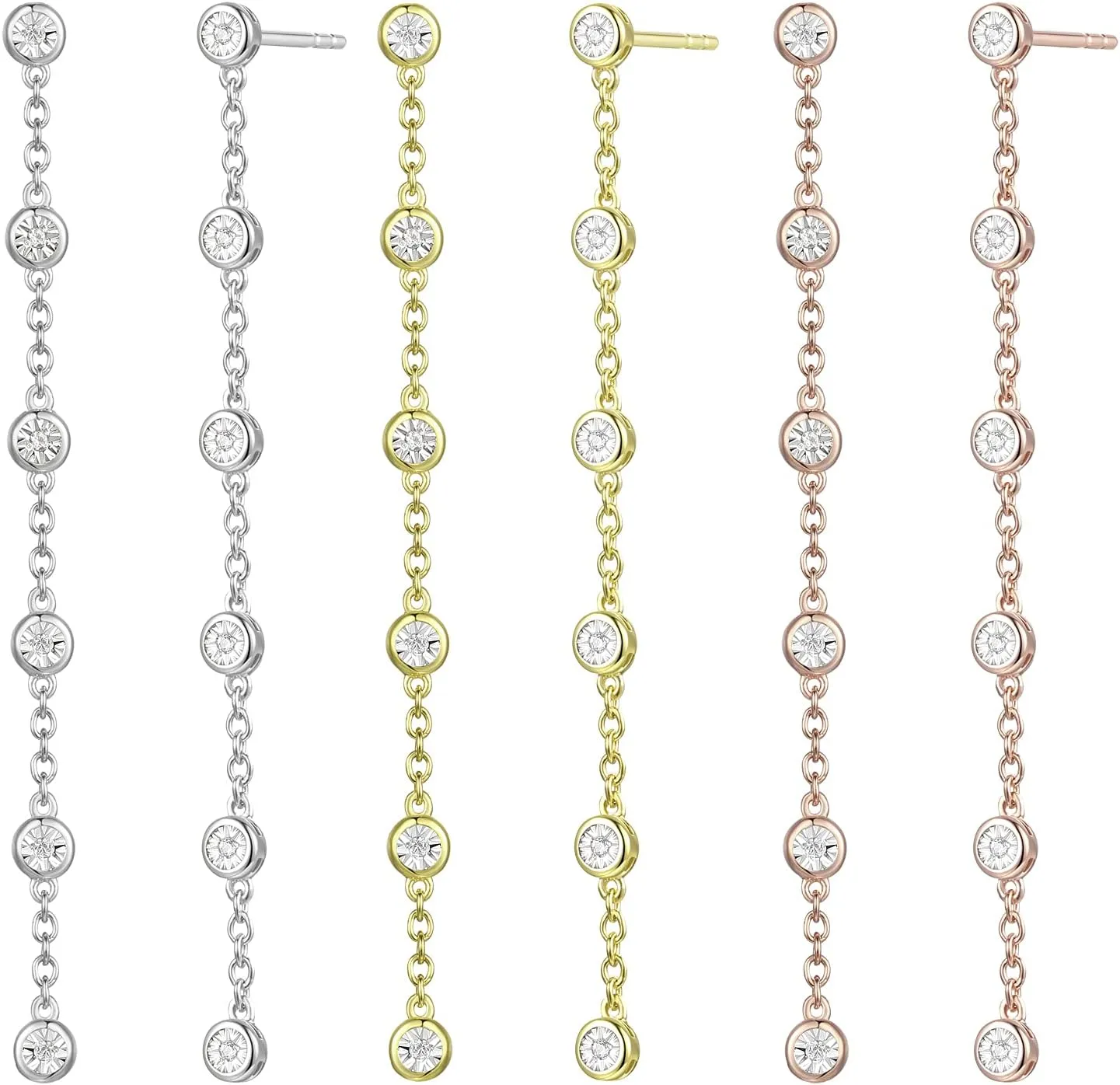 Diamond Linear Drop Earrings, 6 Natural Round Diamonds Per Dangle Earring, Bezel Set Diamonds, 14K Rose Gold-plated Sterling Silver/14K Gold-plated Sterling Silver/Sterling Silver (1/10 cttw)
