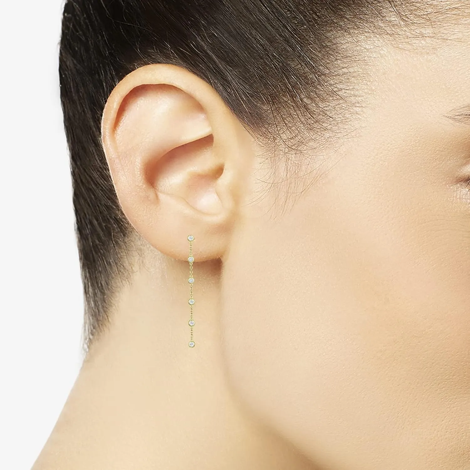 Diamond Linear Drop Earrings, 6 Natural Round Diamonds Per Dangle Earring, Bezel Set Diamonds, 14K Rose Gold-plated Sterling Silver/14K Gold-plated Sterling Silver/Sterling Silver (1/10 cttw)
