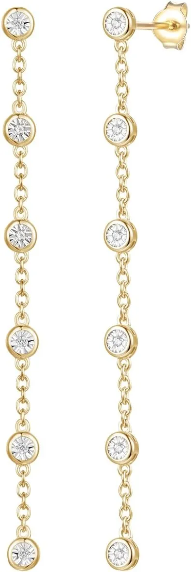 Diamond Linear Drop Earrings, 6 Natural Round Diamonds Per Dangle Earring, Bezel Set Diamonds, 14K Rose Gold-plated Sterling Silver/14K Gold-plated Sterling Silver/Sterling Silver (1/10 cttw)
