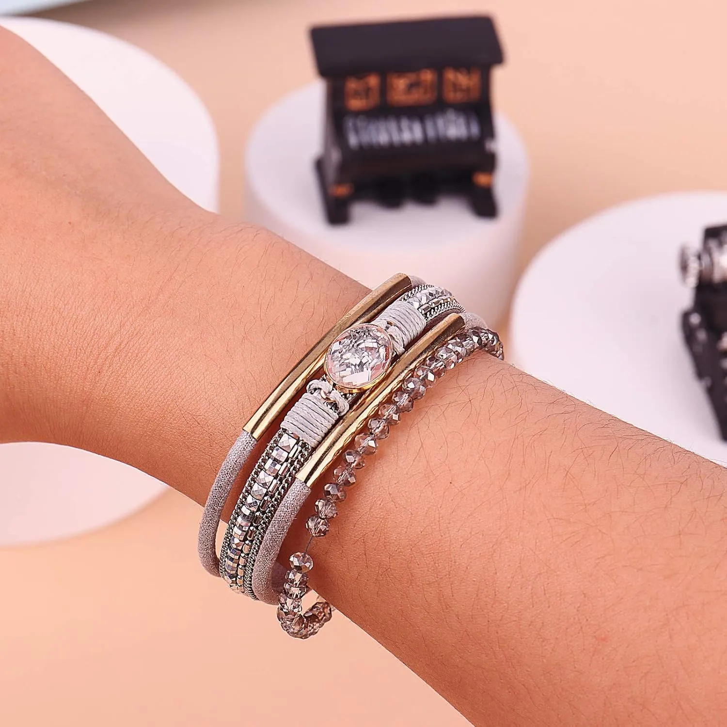 FANCY SHINY Leather Wrap Bracelets Crystal Beads Bracelet Boho Cuff Stone Charm Bracelets with Clasp Costume Jewelry for Women