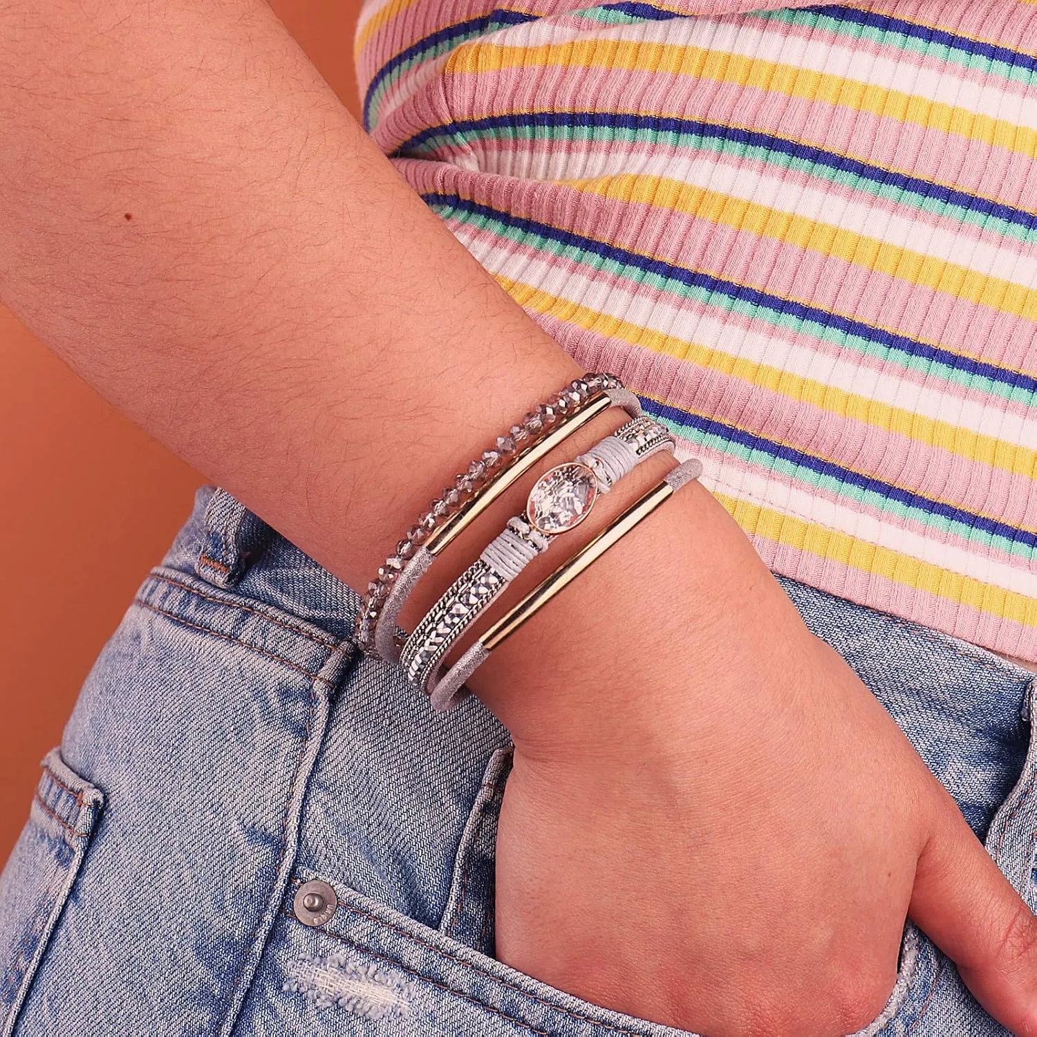 FANCY SHINY Leather Wrap Bracelets Crystal Beads Bracelet Boho Cuff Stone Charm Bracelets with Clasp Costume Jewelry for Women