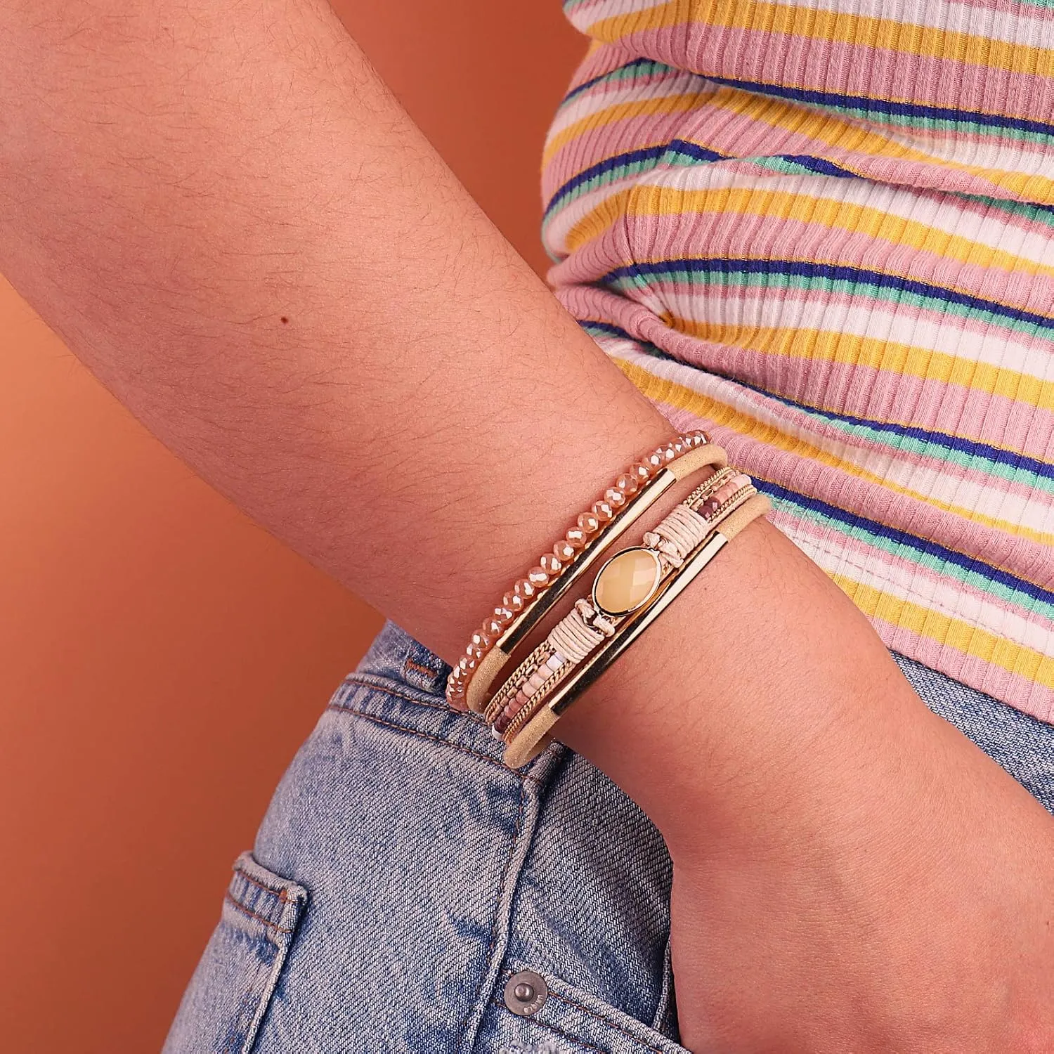 FANCY SHINY Leather Wrap Bracelets Crystal Beads Bracelet Boho Cuff Stone Charm Bracelets with Clasp Costume Jewelry for Women