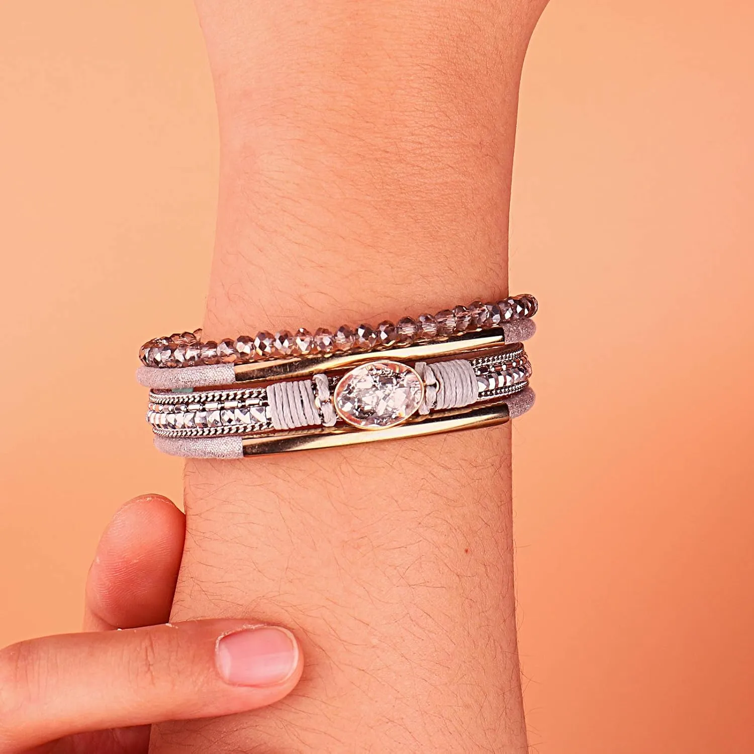 FANCY SHINY Leather Wrap Bracelets Crystal Beads Bracelet Boho Cuff Stone Charm Bracelets with Clasp Costume Jewelry for Women