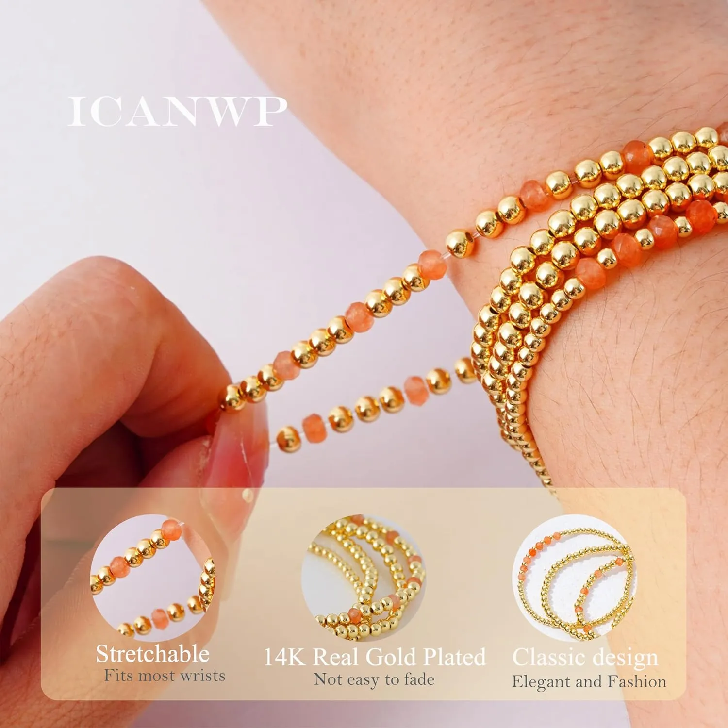 Gold Beaded Bracelets for Woman Stackable Crystal Stone Bead Bracelet 14K Gold Plated Stretch Bead Ball Bracelet Set for Woman Trendy Jewelry Gifts