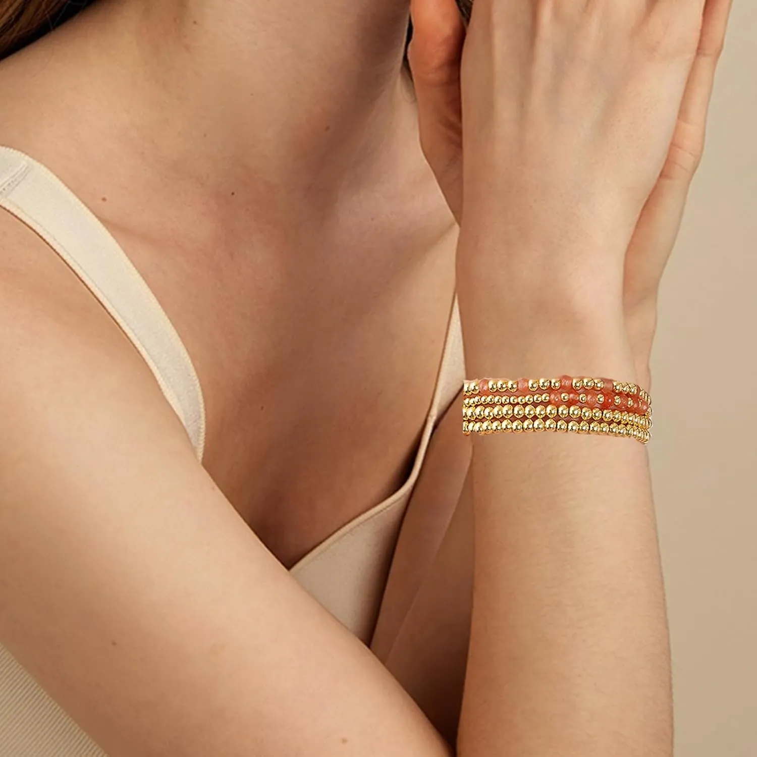 Gold Beaded Bracelets for Woman Stackable Crystal Stone Bead Bracelet 14K Gold Plated Stretch Bead Ball Bracelet Set for Woman Trendy Jewelry Gifts