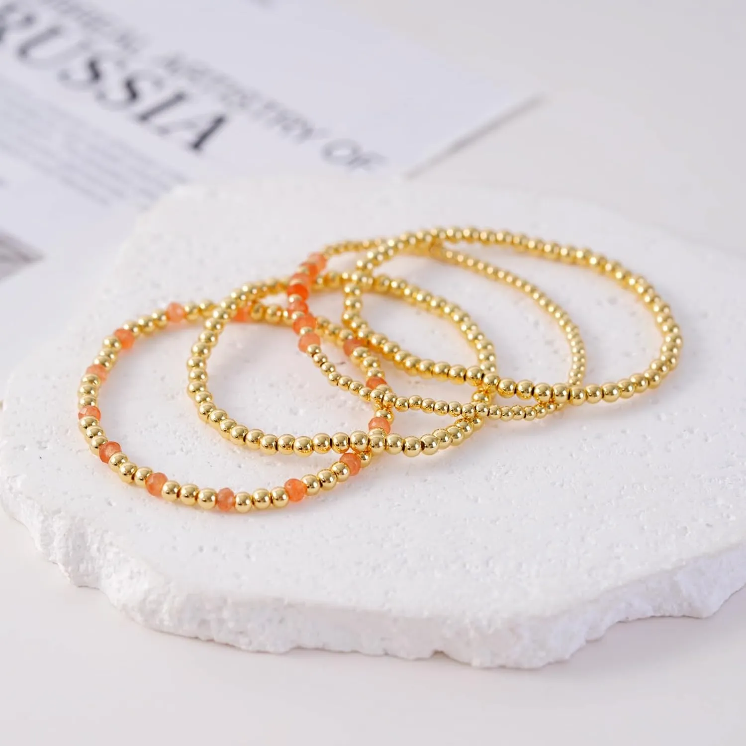Gold Beaded Bracelets for Woman Stackable Crystal Stone Bead Bracelet 14K Gold Plated Stretch Bead Ball Bracelet Set for Woman Trendy Jewelry Gifts