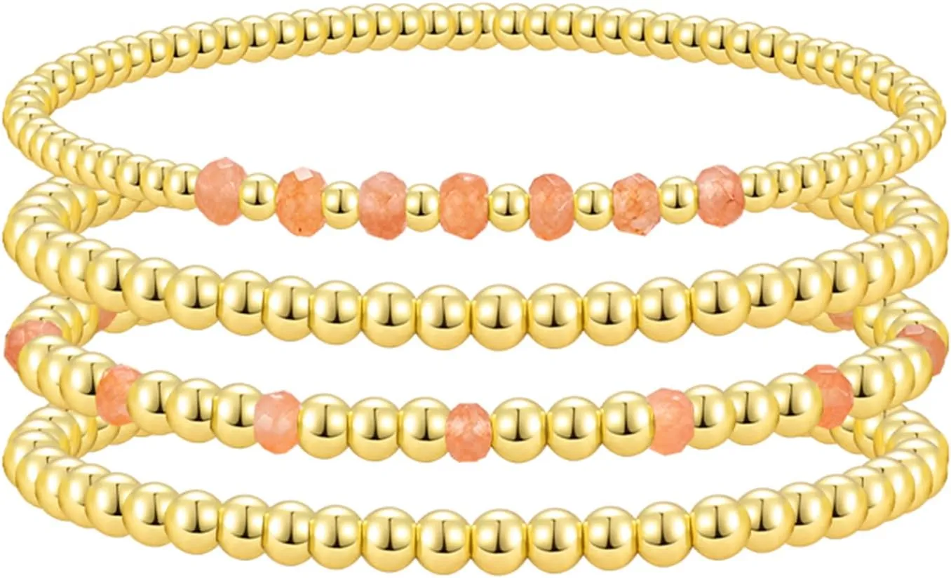 Gold Beaded Bracelets for Woman Stackable Crystal Stone Bead Bracelet 14K Gold Plated Stretch Bead Ball Bracelet Set for Woman Trendy Jewelry Gifts