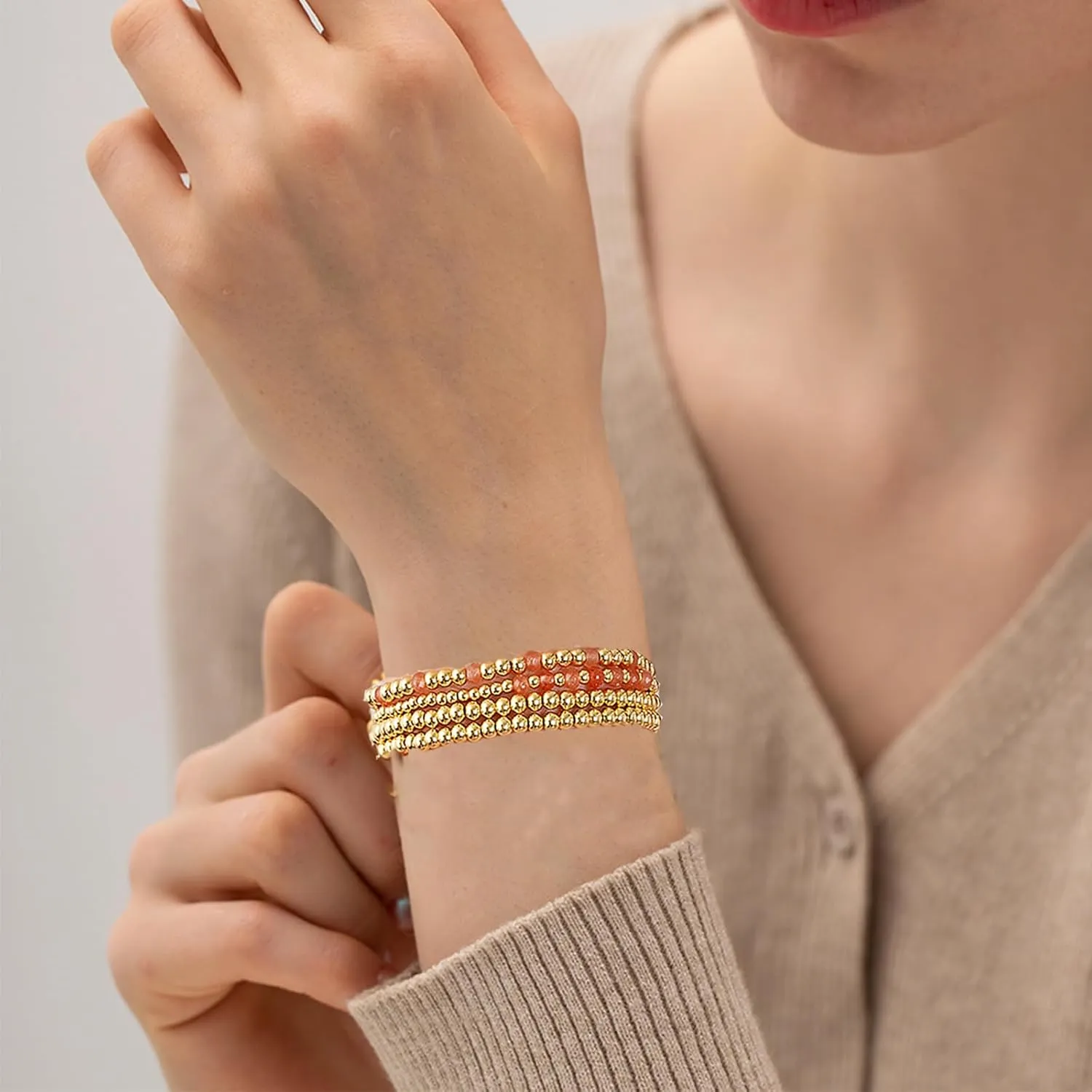 Gold Beaded Bracelets for Woman Stackable Crystal Stone Bead Bracelet 14K Gold Plated Stretch Bead Ball Bracelet Set for Woman Trendy Jewelry Gifts