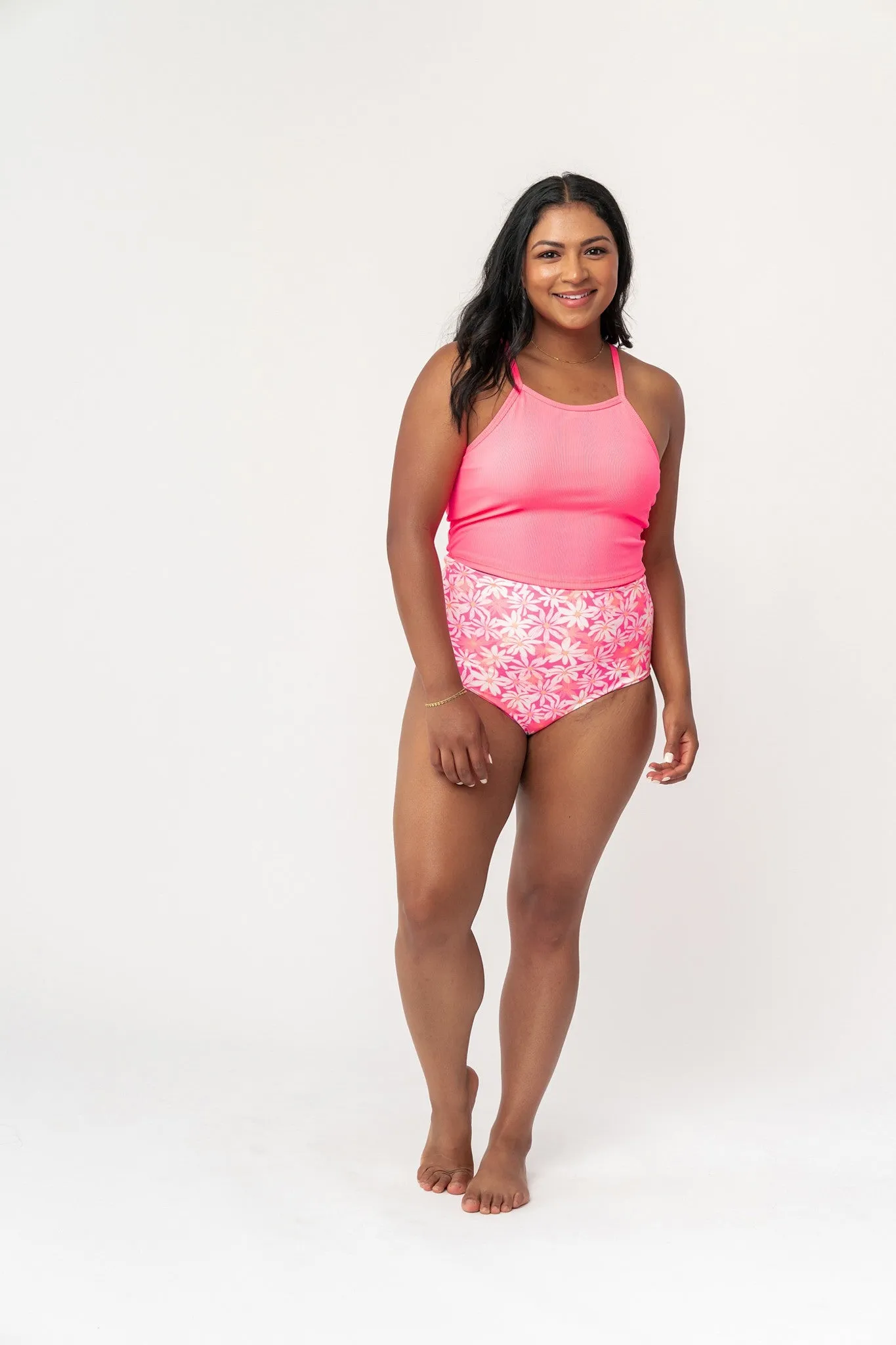 High Neck Line Ribbed Swim Top