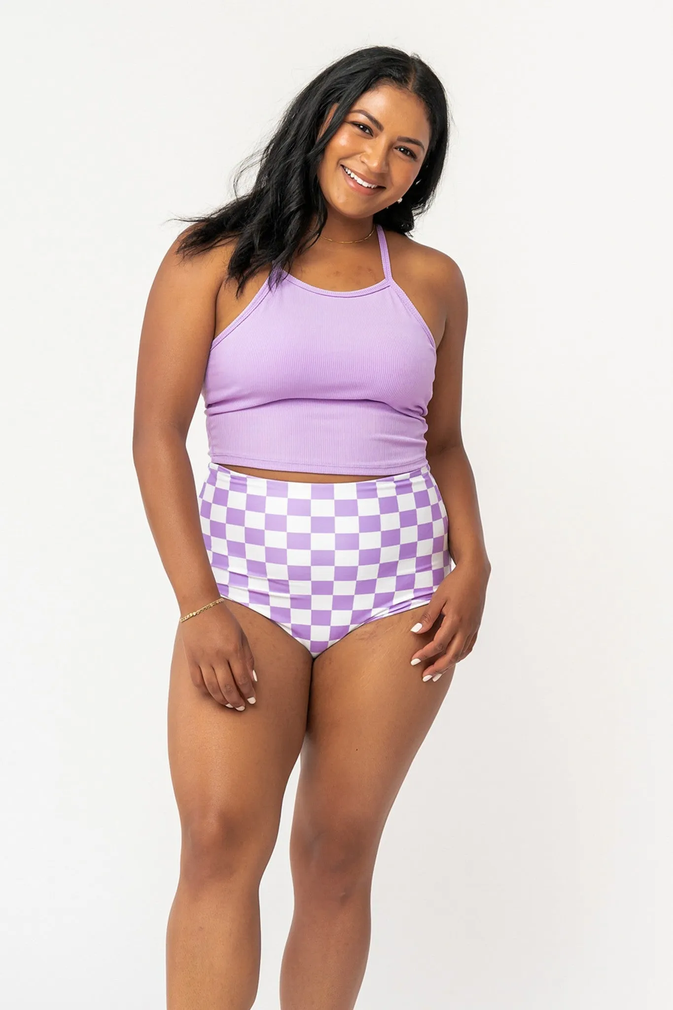 High Neck Line Ribbed Swim Top