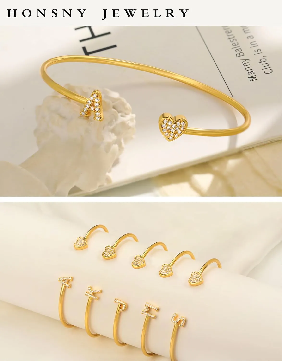 Honsny Gold Initial Bracelets for Women 18K Gold Plated Initial Heart Cuff Bangle Bracelets for Women Non Tarnish Dainty Cute Gold Initial Bracelets for Women Teen Bridesmaid Trendy Gifts Jewelry