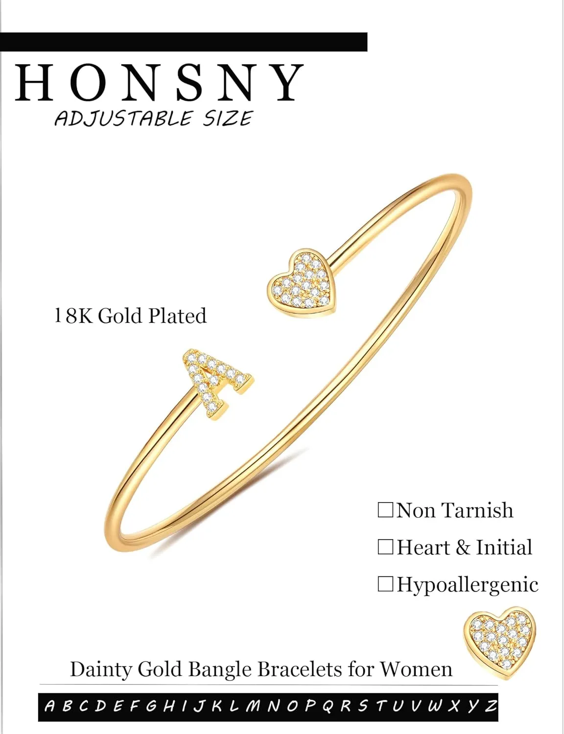 Honsny Gold Initial Bracelets for Women 18K Gold Plated Initial Heart Cuff Bangle Bracelets for Women Non Tarnish Dainty Cute Gold Initial Bracelets for Women Teen Bridesmaid Trendy Gifts Jewelry