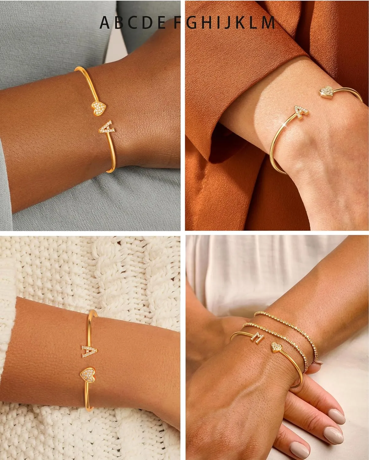Honsny Gold Initial Bracelets for Women 18K Gold Plated Initial Heart Cuff Bangle Bracelets for Women Non Tarnish Dainty Cute Gold Initial Bracelets for Women Teen Bridesmaid Trendy Gifts Jewelry