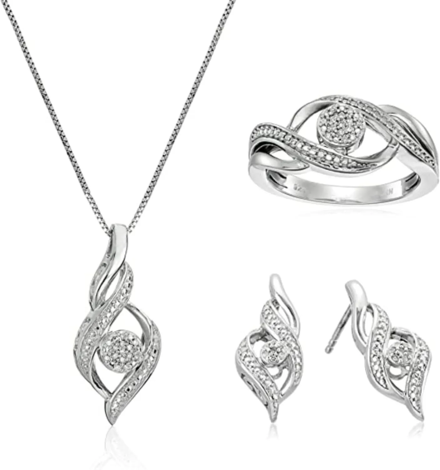 MAX   STONE Diamond Pendant Necklace Drop Earrings & Ring for Women Jewelry Set in Sterling Silver | 0.12 Carat Diamond Necklace and Earring Set & Rings | Diamonds Earrings with Pendant & Ring