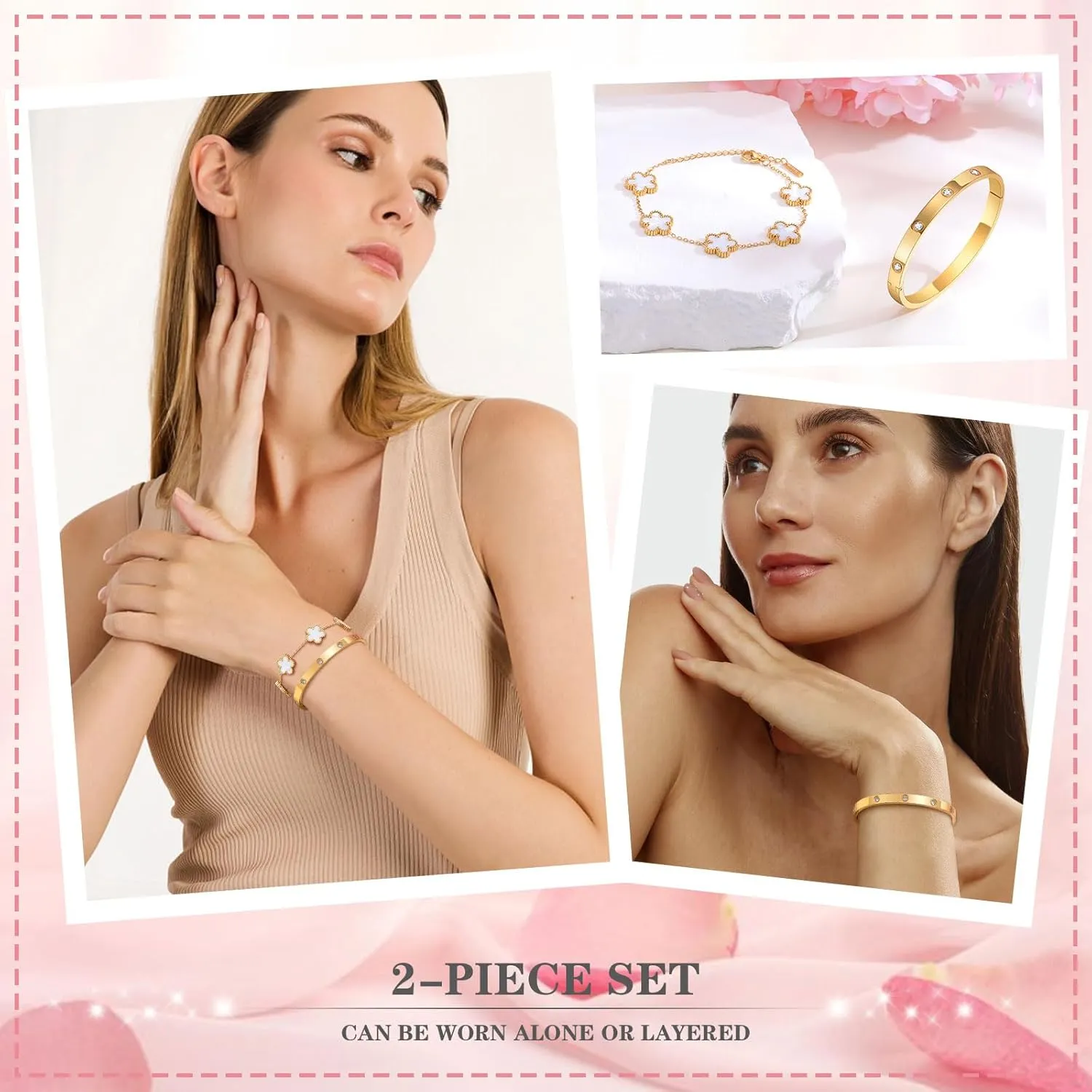MPRAINBOW Womens Stackable Gold Bracelets Jewelry, 18K Gold Plated Floral Bracelet,Bangles Non Tarnish, Gold Cubic Zirconia Chain Set Trendy Gift,Christmas Valentines Birthday Gifts for Girlfriend