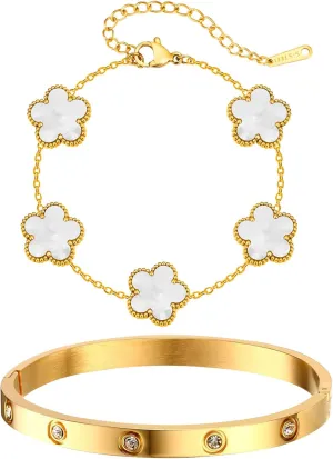 MPRAINBOW Womens Stackable Gold Bracelets Jewelry, 18K Gold Plated Floral Bracelet,Bangles Non Tarnish, Gold Cubic Zirconia Chain Set Trendy Gift,Christmas Valentines Birthday Gifts for Girlfriend