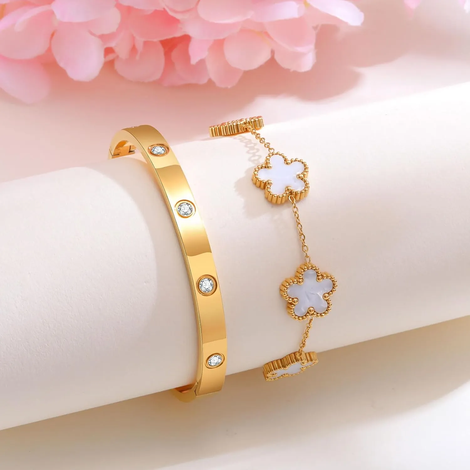 MPRAINBOW Womens Stackable Gold Bracelets Jewelry, 18K Gold Plated Floral Bracelet,Bangles Non Tarnish, Gold Cubic Zirconia Chain Set Trendy Gift,Christmas Valentines Birthday Gifts for Girlfriend