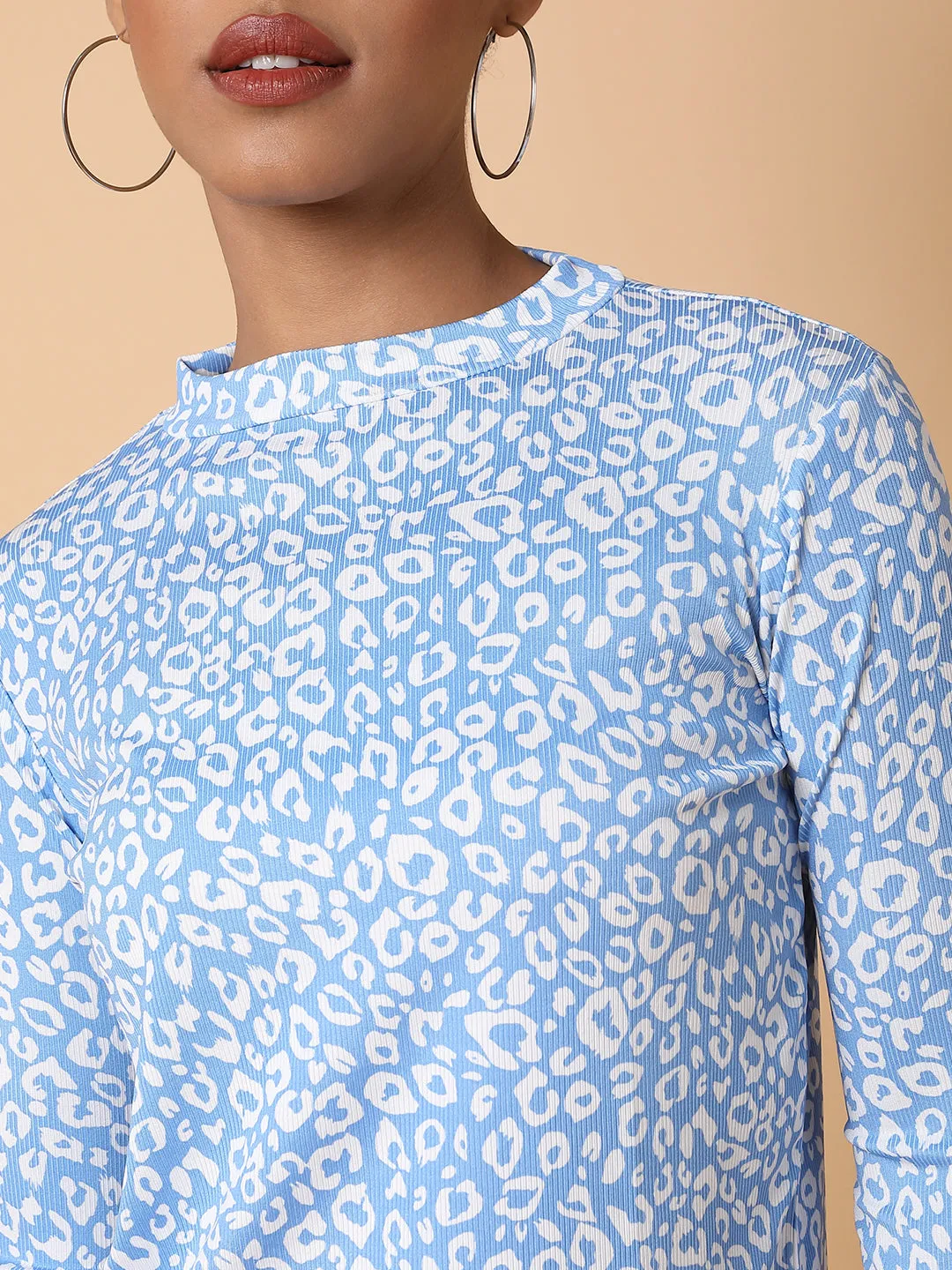 Women Blue Abstract Printed Round Neck Tracksuit