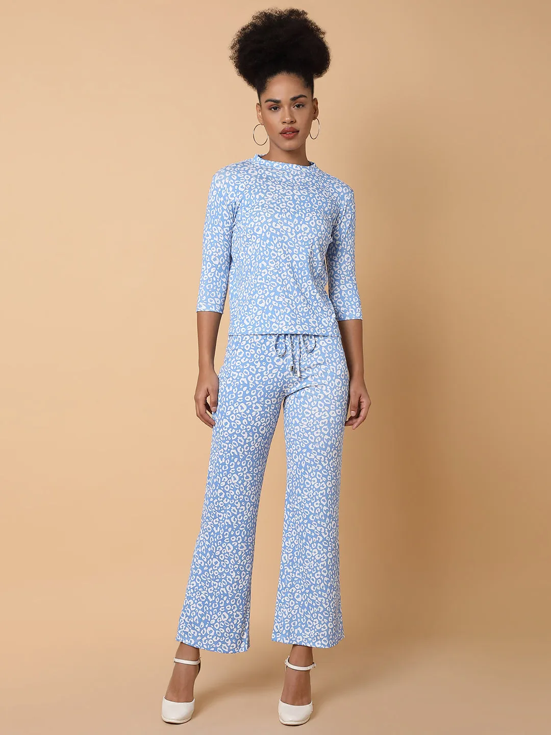 Women Blue Abstract Printed Round Neck Tracksuit