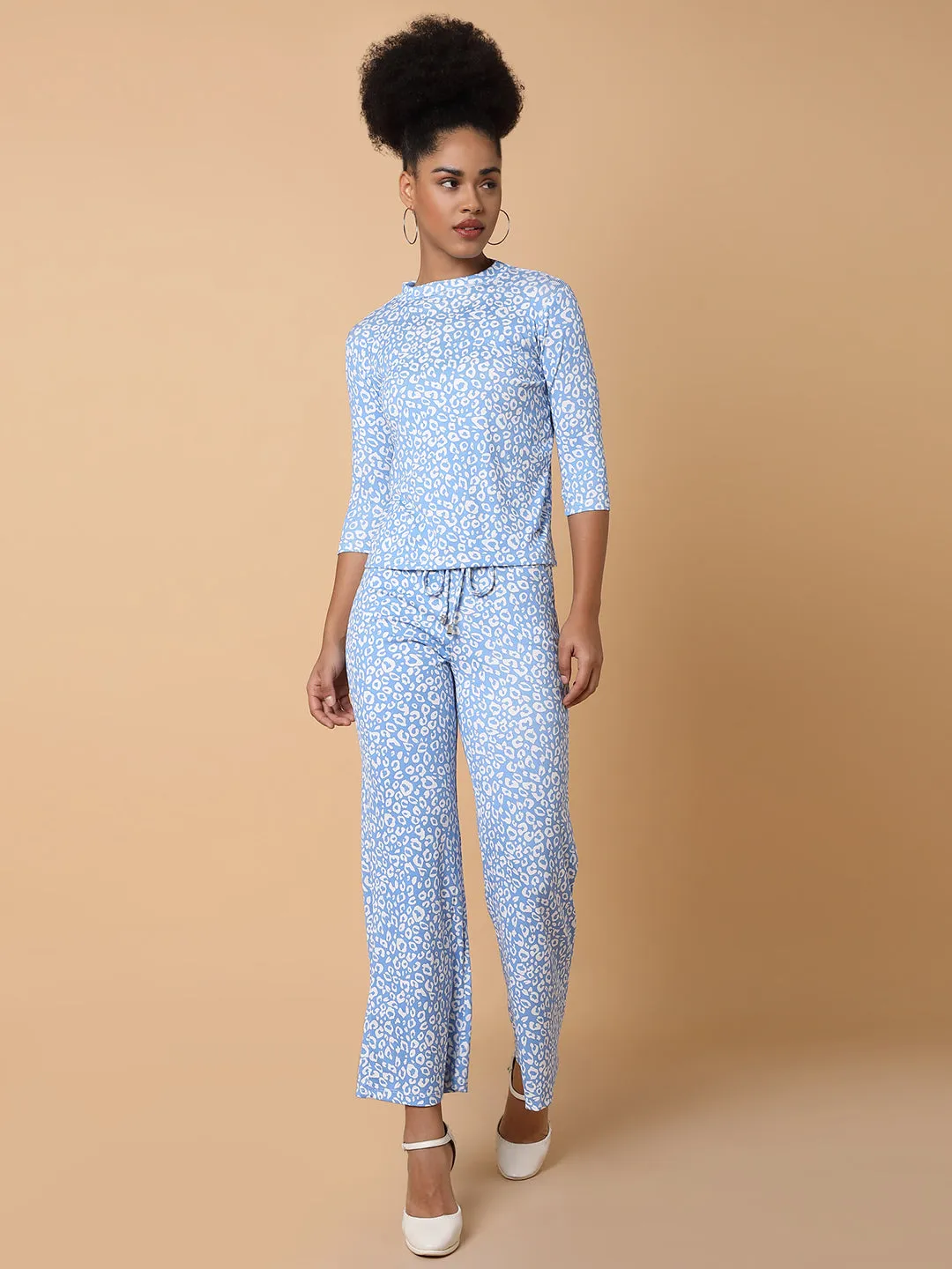 Women Blue Abstract Printed Round Neck Tracksuit