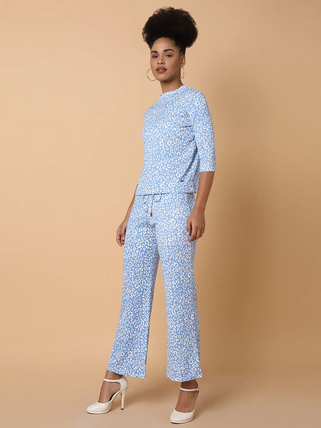 Women Blue Abstract Printed Round Neck Tracksuit