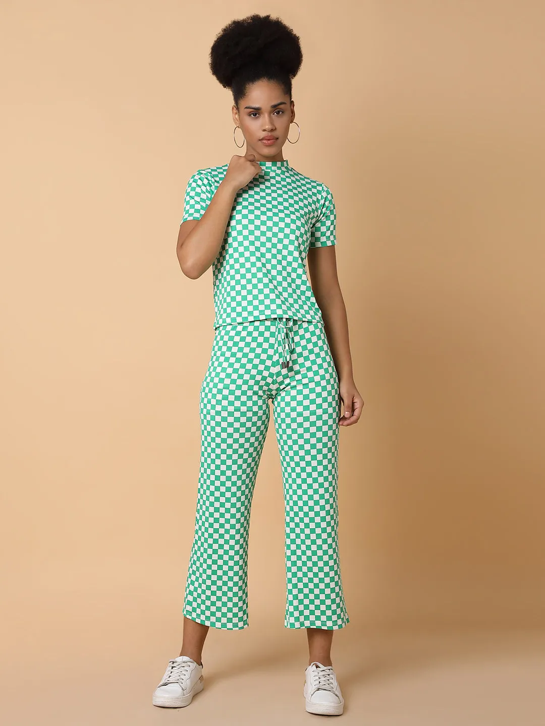 Women Green Checked High-Neck Tracksuit