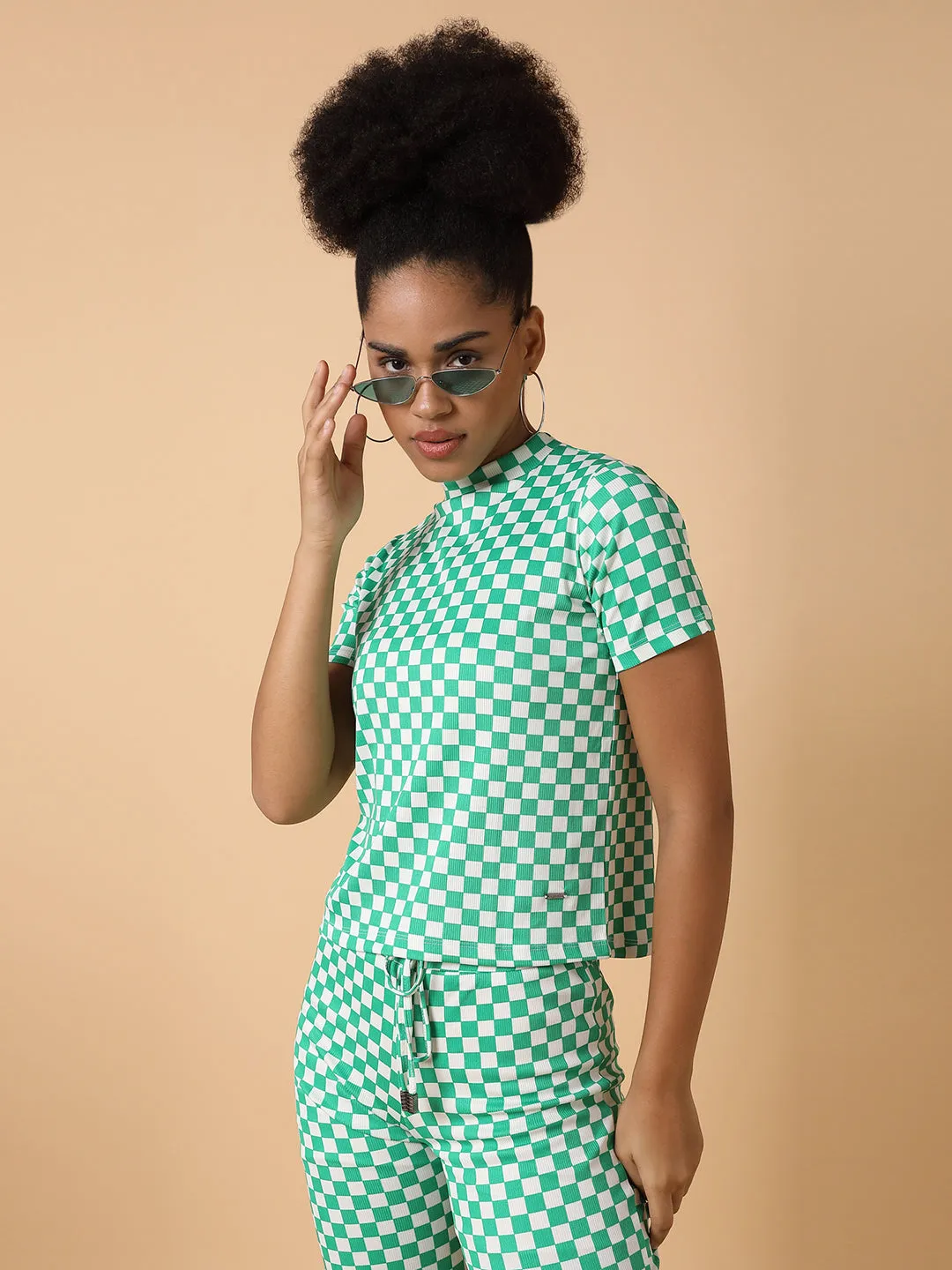Women Green Checked High-Neck Tracksuit