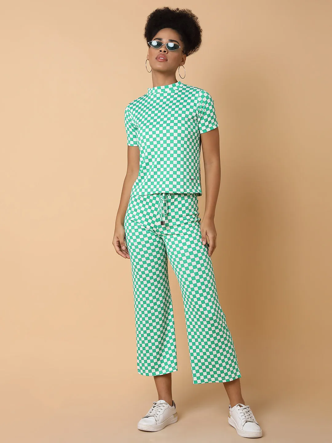 Women Green Checked High-Neck Tracksuit