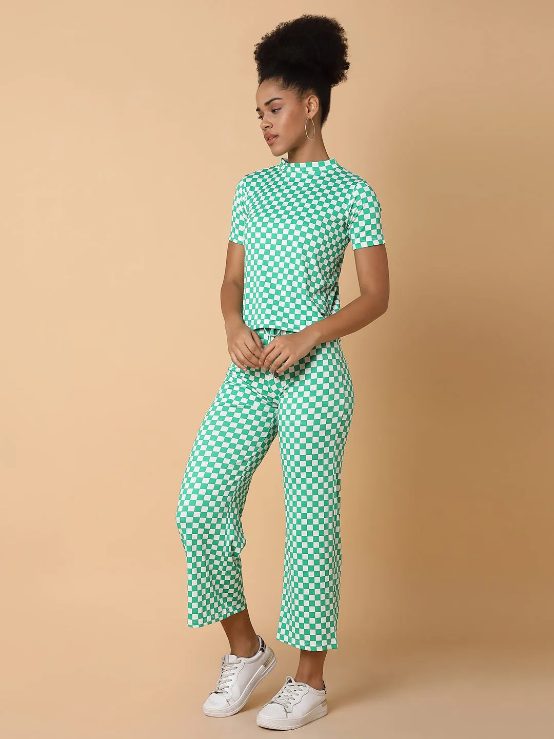 Women Green Checked High-Neck Tracksuit