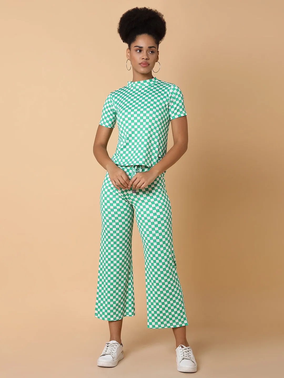 Women Green Checked High-Neck Tracksuit